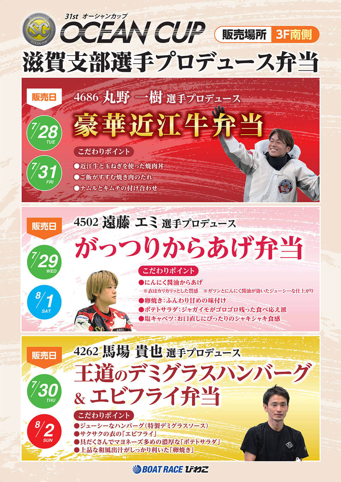SG 31st オーシャンカップ OCEAN CUP 滋賀支部選手プロデュース弁当 販売場所 3F南側 販売日 7/28 7/31 4686 丸野一樹選手プロデュース 豪華近江牛弁当 こだわりポイント ●近江牛と玉ねぎを使った焼肉丼●ご飯がすすむ焼き肉のたれ●ナムルとキムチの付け合わせ 販売日 7/29 8/1 4502 遠藤エミ選手プロデュース がっつりからあげ弁当 こだわりポイント ●にんにく醤油からあげ※衣はカリカリッとした質感 ※ガツンとにんにく醤油が効いたジューシーな仕上がり●卵焼き:ふんわり甘めの味付け●ポテトサラダ:ジャガイモがゴロゴロ残った食べ応え派●塩キャベツ:お口直しにぴったりのシャキシャキ食感 販売日 7/30 8/2 4262 馬場貴也選手プロデュース 王道のデミグラスハンバーグ＆エビフライ弁当 こだわりポイント ●ジューシーなハンバーグ（特製デミグラスソース）●サクサクの衣の「エビフライ」●具だくさんでマヨネーズ多めの濃厚な「ポテトサラダ」●上品な和風出汁がしっかり利いた「卵焼き」 BOATRACE びわこ